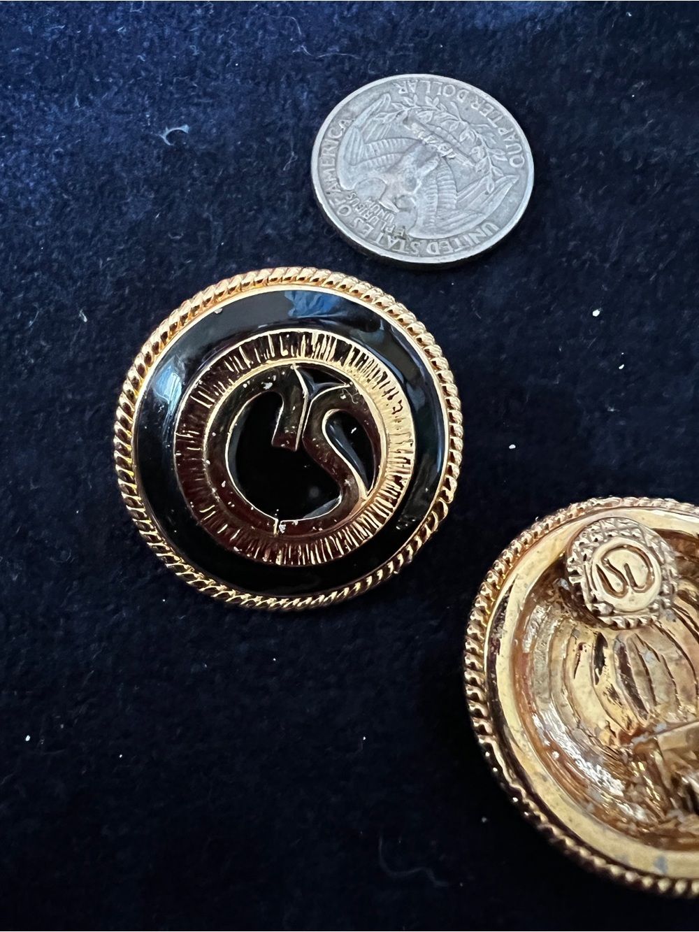 Vintage St John Gold Tone and Enamel Logo Clip Back Earrings - Picture 3 of 5